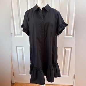 Quine Black Organic Cotton Poplin Short Sleeve Ruffle Shirt Dress Size L